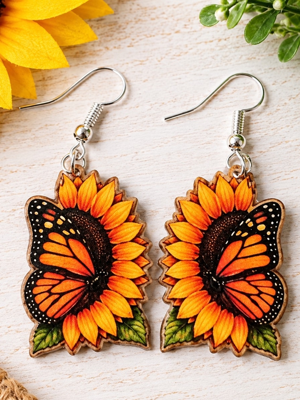 Sunflower Butterfly Drop Earrings - Orange Floral Earrings